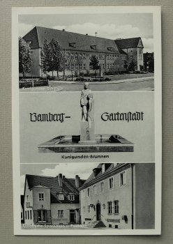 AK Bamberg / 1956 / Mehrbildkarte / Gartenstadt / Kunigunden Schule / Kunigunden Brunnen / Städtische Sparkasse Postamt